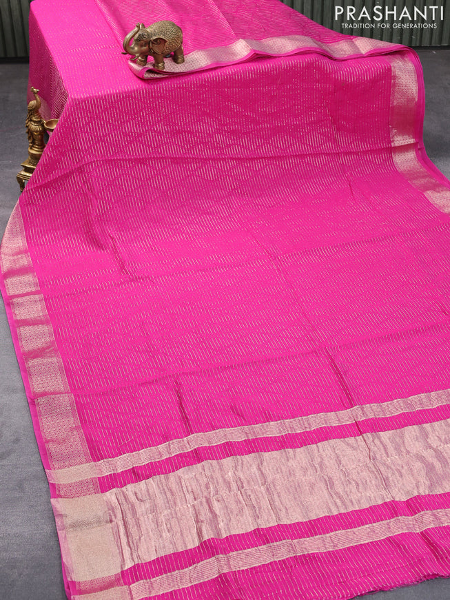 Chinon silk saree pink with allover geometric zari weaves and zari woven border with pichwai printed blouse