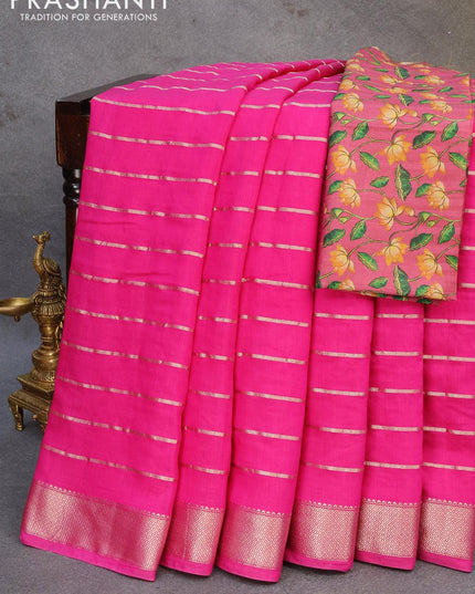 Chinon silk saree pink with allover zari woven stripes pattern and zari woven border with pichwai printed blouse - {{ collection.title }} by Prashanti Sarees