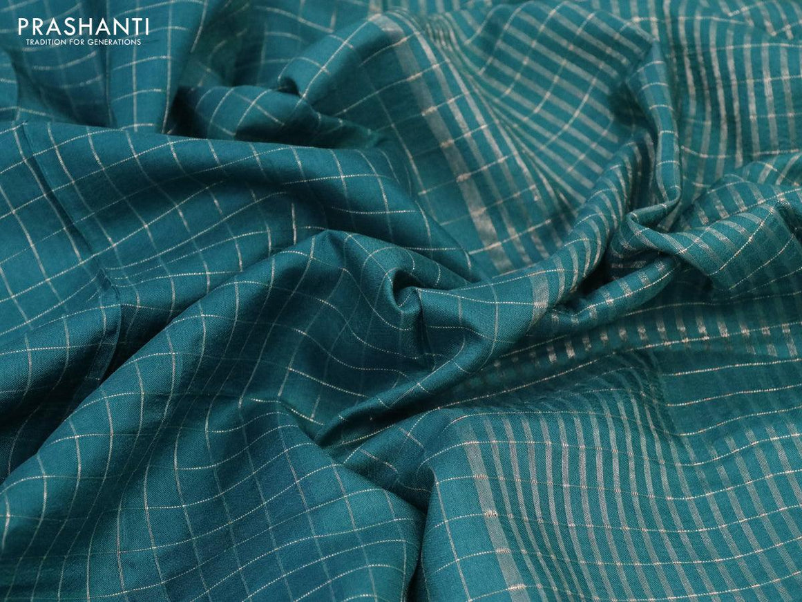 Semi dola saree peacock green with allover zari checked pattern and floral zari woven border with tie & dye zari butta blouse - {{ collection.title }} by Prashanti Sarees