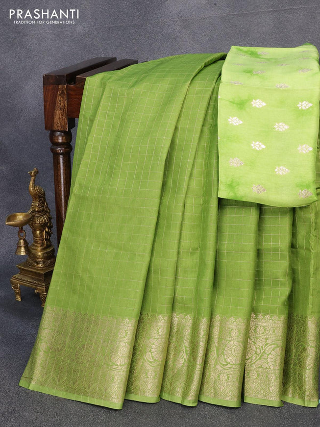 Semi dola saree light green with allover zari checked pattern and floral zari woven border with tie & dye zari butta blouse - {{ collection.title }} by Prashanti Sarees