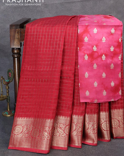 Semi dola saree maroon with allover zari checked pattern and floral zari woven border with tie & dye zari butta blouse - {{ collection.title }} by Prashanti Sarees