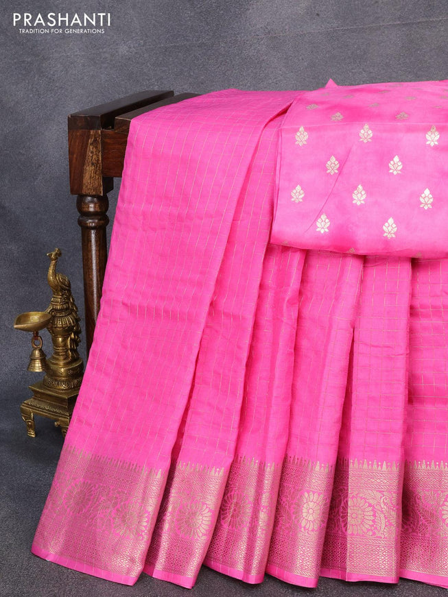 Semi dola saree pink with allover zari checked pattern and floral zari woven border with tie & dye zari butta blouse - {{ collection.title }} by Prashanti Sarees