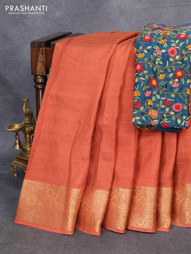 Dola silk saree rustic orange and peacock blue with zari checked pattern and zari woven border with embroidery work blouse - {{ collection.title }} by Prashanti Sarees