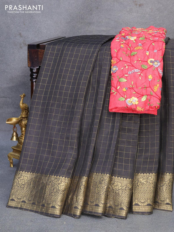 Dola silk saree black and red with zari checked pattern and zari woven border with embroidery work blouse - {{ collection.title }} by Prashanti Sarees