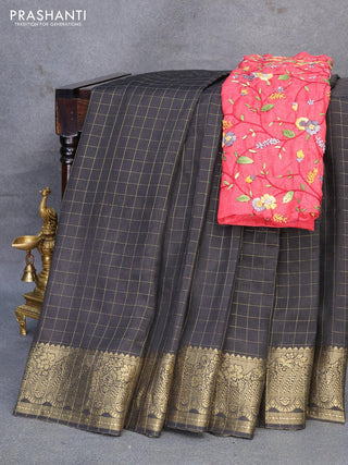 Dola silk saree black and red with zari checked pattern and zari woven border with embroidery work blouse