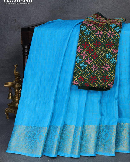 Dola silk saree light blue and green with zari checked pattern and zari woven border with embroidery work blouse - {{ collection.title }} by Prashanti Sarees