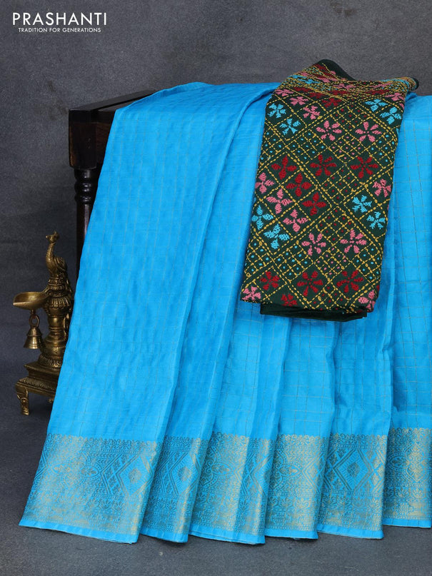 Dola silk saree light blue and green with zari checked pattern and zari woven border with embroidery work blouse - {{ collection.title }} by Prashanti Sarees