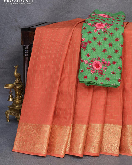 Dola silk saree rustic orange and green with zari checked pattern and zari woven border with embroidery work blouse - {{ collection.title }} by Prashanti Sarees