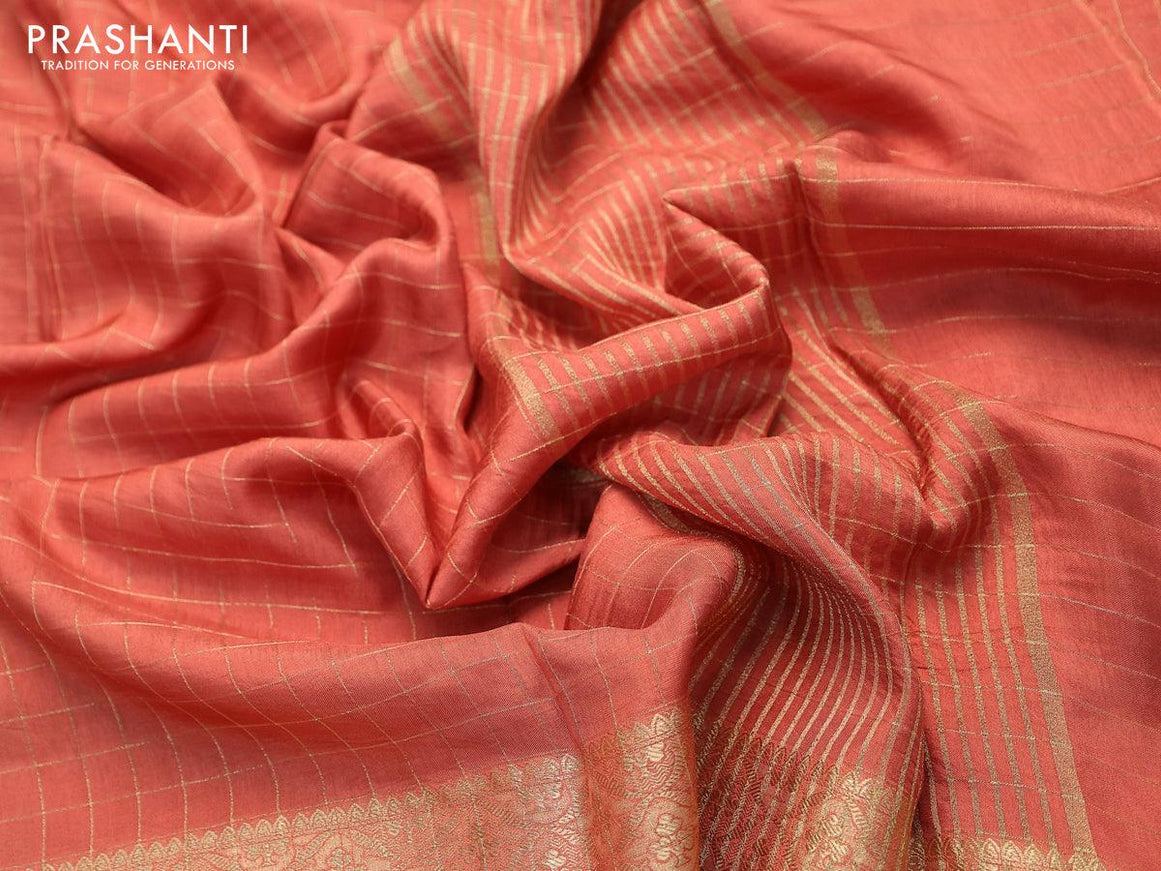 Dola silk saree rustic orange and green with zari checked pattern and zari woven border with embroidery work blouse - {{ collection.title }} by Prashanti Sarees