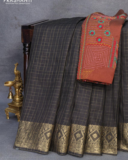 Dola silk saree black and brown with zari checked pattern and zari woven border with embroidery work blouse - {{ collection.title }} by Prashanti Sarees
