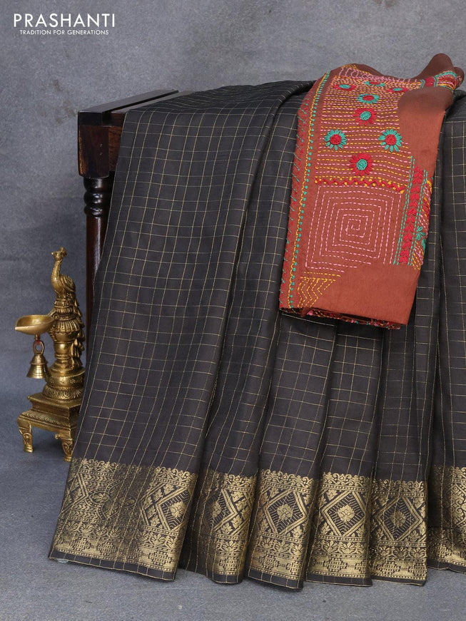 Dola silk saree black and brown with zari checked pattern and zari woven border with embroidery work blouse - {{ collection.title }} by Prashanti Sarees