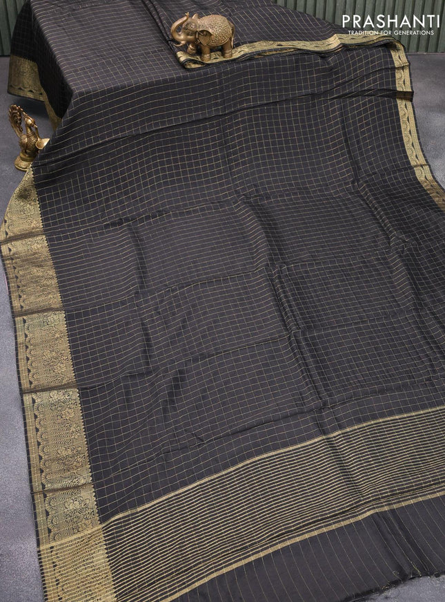 Dola silk saree black and yellow with zari checked pattern and zari woven border with embroidery work blouse - {{ collection.title }} by Prashanti Sarees