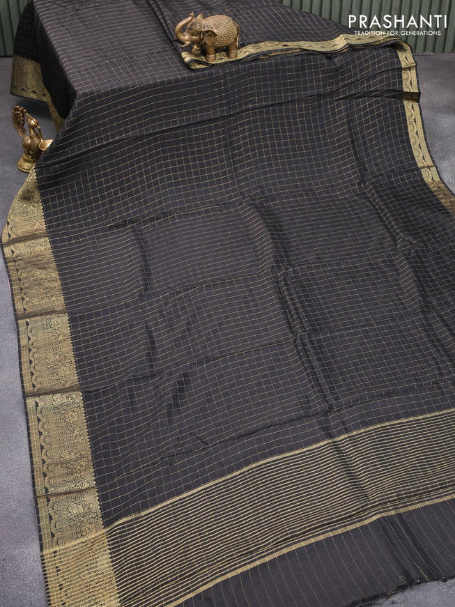 Dola silk saree black and yellow with zari checked pattern and zari woven border with embroidery work blouse - {{ collection.title }} by Prashanti Sarees