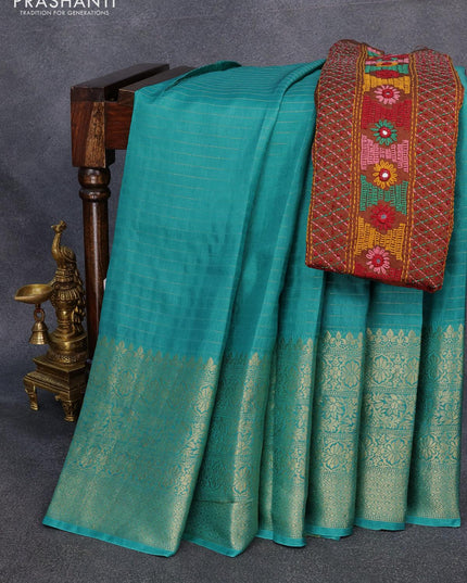 Dola silk saree teal blue and brown with allover zari woven stripes pattern and long zari woven border with embroidery work blouse - {{ collection.title }} by Prashanti Sarees