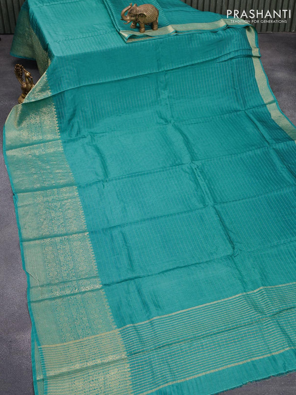 Dola silk saree teal blue and brown with allover zari woven stripes pattern and long zari woven border with embroidery work blouse - {{ collection.title }} by Prashanti Sarees
