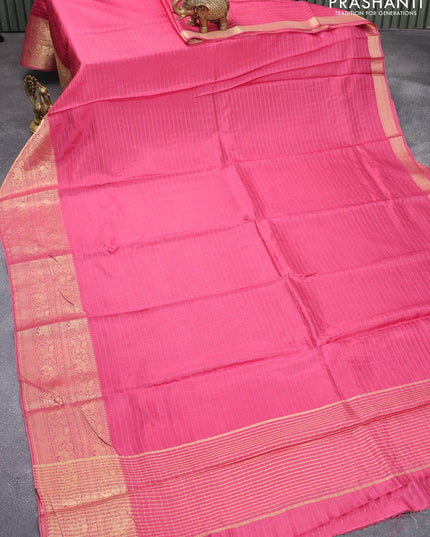 Dola silk saree pink shade and green with allover zari woven stripes pattern and long zari woven border with embroidery work blouse - {{ collection.title }} by Prashanti Sarees