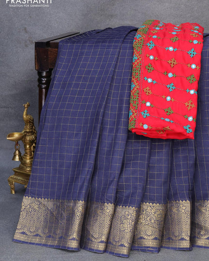 Dola silk saree dark blue and red with zari checked pattern and zari woven border with embroidery work blouse - {{ collection.title }} by Prashanti Sarees