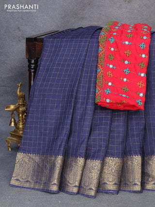 Dola silk saree dark blue and red with zari checked pattern and zari woven border with embroidery work blouse
