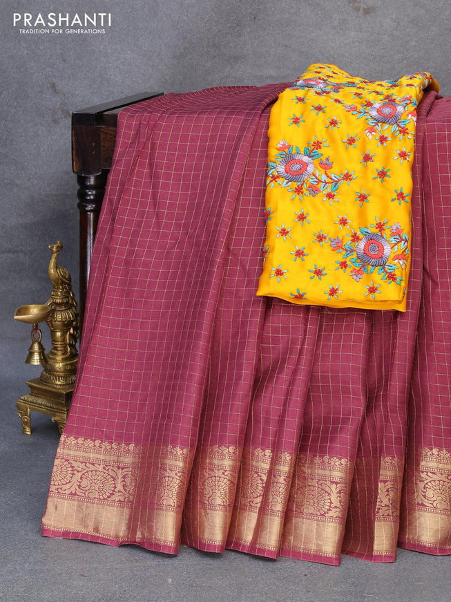 Dola silk saree wine shade and yellow with zari checked pattern and zari woven border with embroidery work blouse - {{ collection.title }} by Prashanti Sarees