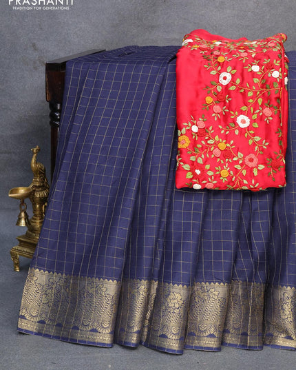 Dola silk saree dark blue and red with zari checked pattern and zari woven border with embroidery work blouse - {{ collection.title }} by Prashanti Sarees