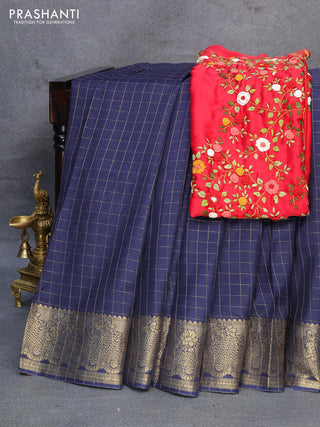 Dola silk saree dark blue and red with zari checked pattern and zari woven border with embroidery work blouse