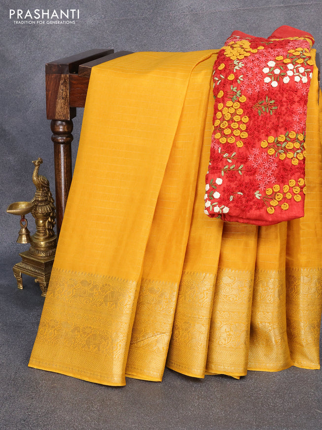 Dola silk saree yellow and red with allover zari woven stripes pattern and long zari woven border with embroidery work blouse