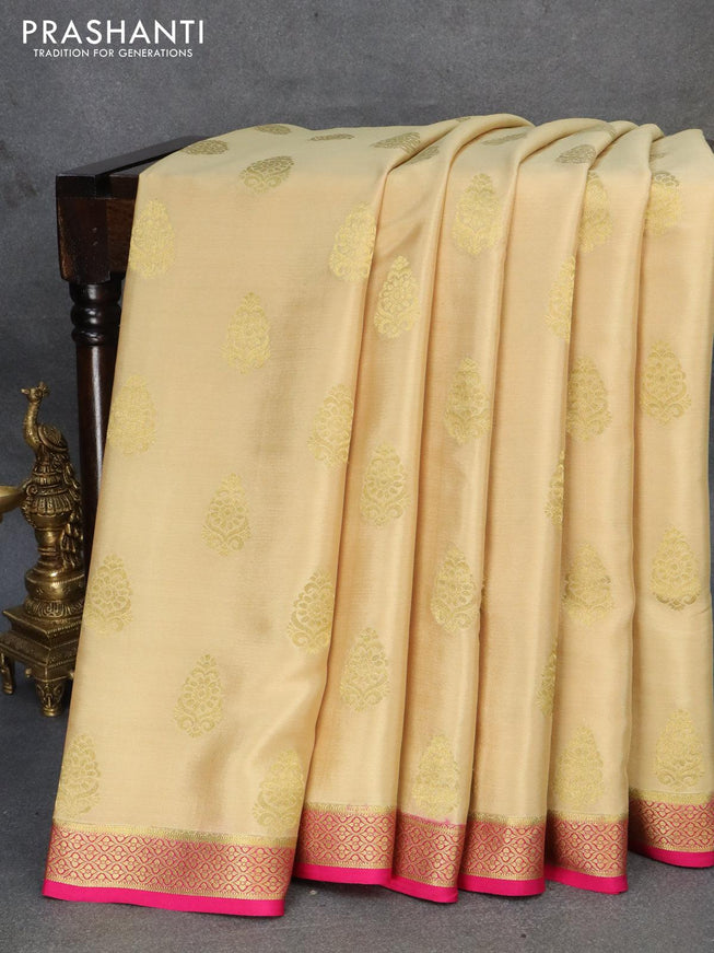 Pure mysore silk saree cream and pink with zari woven buttas and zari woven border - {{ collection.title }} by Prashanti Sarees