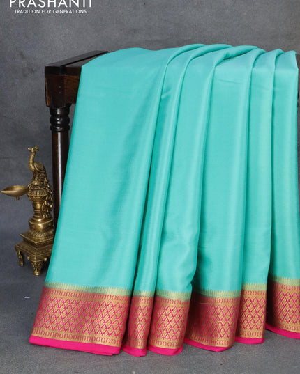 Pure mysore silk saree teal blue and pink with plain body and zari woven border - {{ collection.title }} by Prashanti Sarees