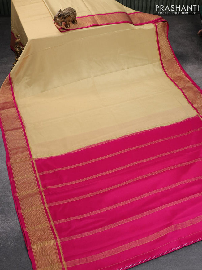 Pure mysore silk saree sandal and pink with plain body and zari woven border - {{ collection.title }} by Prashanti Sarees