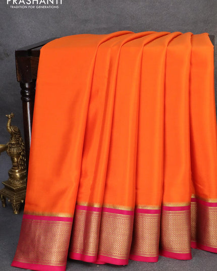 Pure mysore silk saree orange and pink with plain body and zari woven border - {{ collection.title }} by Prashanti Sarees