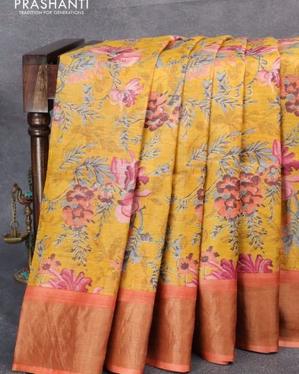 Pure tussar silk saree mustard yellow and orange with floral prints and zari woven border