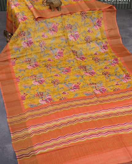Pure tussar silk saree mustard yellow and orange with floral prints and zari woven border