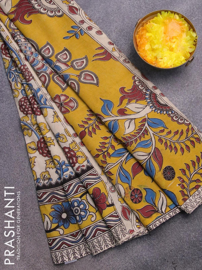Kalamkari semi silk saree cream and yellow with allover prints and printed border - {{ collection.title }} by Prashanti Sarees
