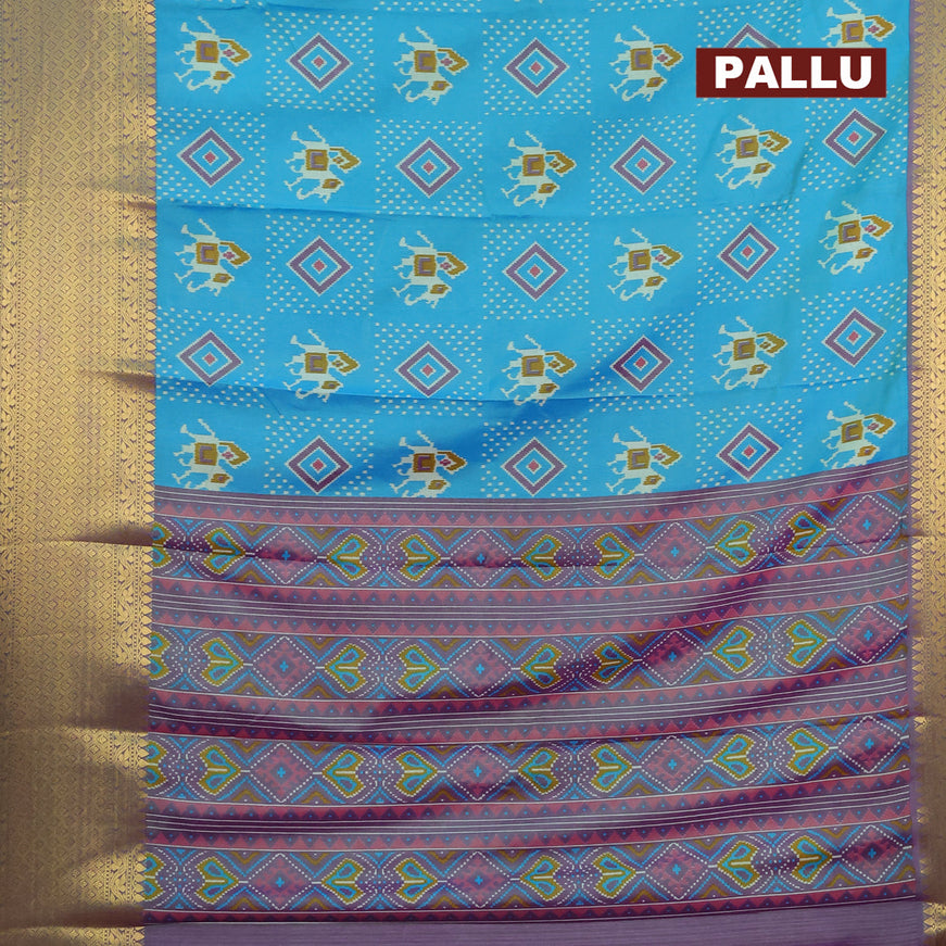 Semi tussar saree dual shade of teal blue and dual shade of green with allover patola prints and long zari woven border