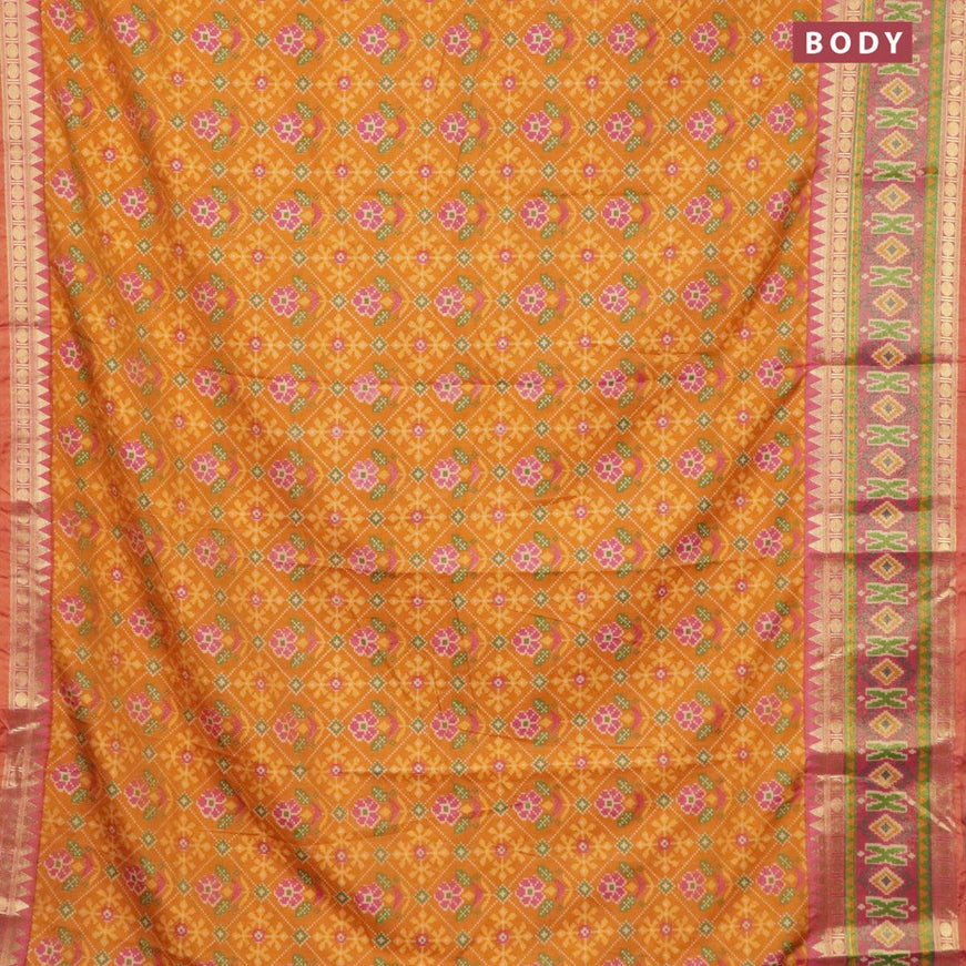 Semi tussar saree mustard yellow and pink shade with allover ikat prints and zari woven ikat border - {{ collection.title }} by Prashanti Sarees