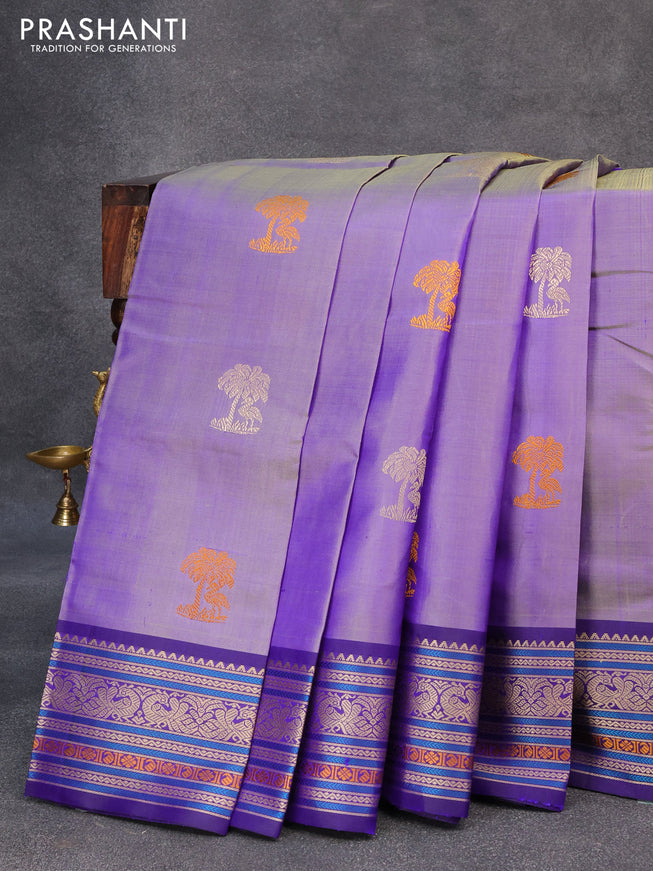 Pure kanjivaram silk saree dual shade of bluish green and blue with thread woven buttas and thread woven border zero zari