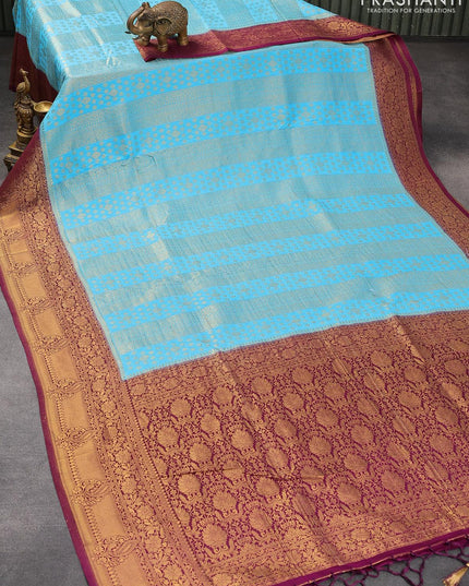 Banarasi semi crepe silk saree light blue and purple with allover zari weaves and zari woven border - {{ collection.title }} by Prashanti Sarees
