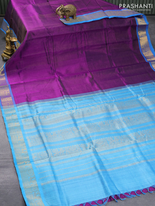 10 yards silk cotton saree deep violet and cs blue with allover vairaosi pattern and zari woven border without blouse