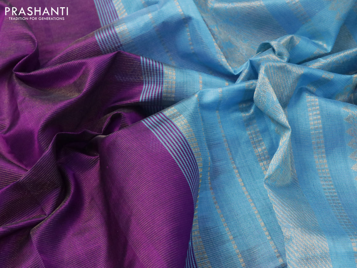 10 yards silk cotton saree deep violet and cs blue with allover vairaosi pattern and zari woven border without blouse