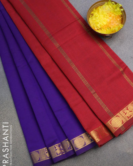 10 yards semi silk saree blue and maroon with plain body and rudhraksha & annam zari woven border without blouse - {{ collection.title }} by Prashanti Sarees