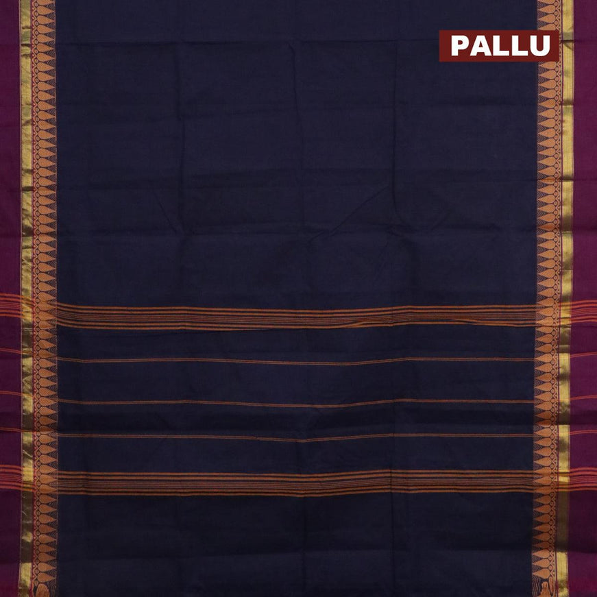 10 yards chettinad cotton saree navy blue and purple with plain body and thread woven border & woven blouse - {{ collection.title }} by Prashanti Sarees