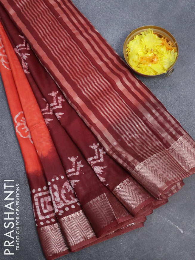 Binny Silk saree orange and deep maroon with allover batik prints and zari woven border - {{ collection.title }} by Prashanti Sarees