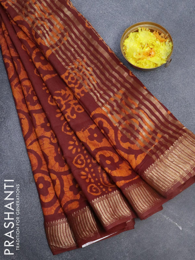 Binny Silk saree deep maroon and dark mustard with allover batik prints and zari woven border - {{ collection.title }} by Prashanti Sarees