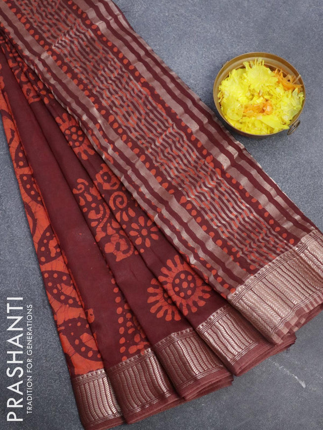 Binny Silk saree deep maroon and orange with allover batik prints and zari woven border - {{ collection.title }} by Prashanti Sarees