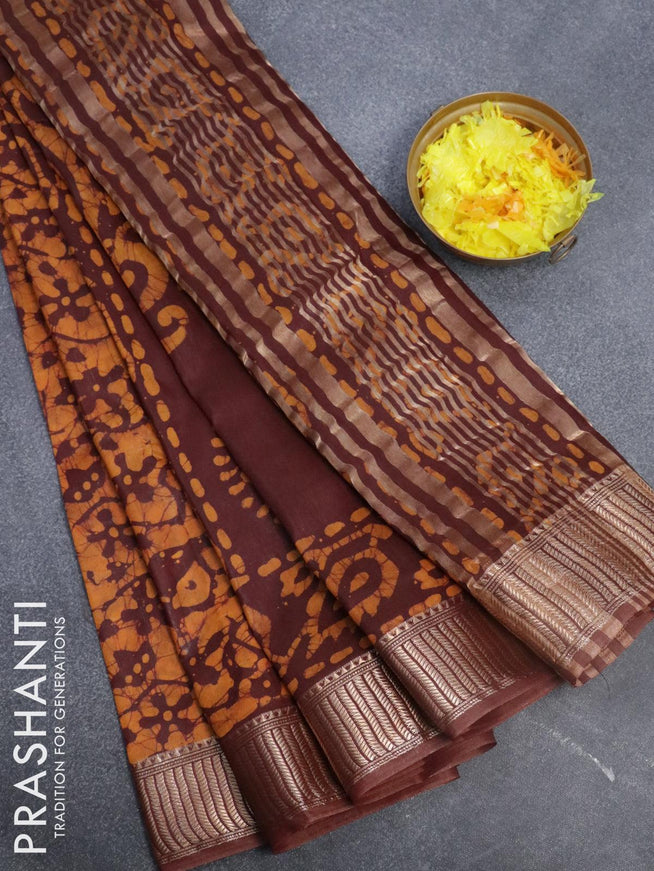Binny Silk saree deep brown and mustard yellow with allover batik prints and zari woven border - {{ collection.title }} by Prashanti Sarees
