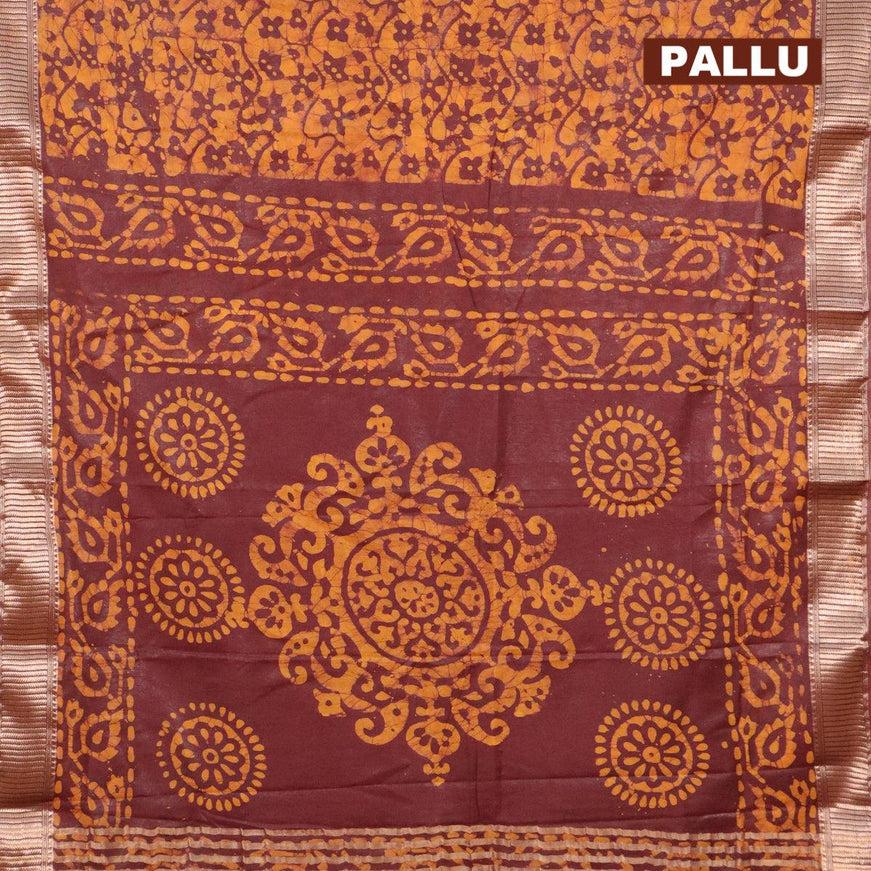 Binny Silk saree deep brown and mustard yellow with allover batik prints and zari woven border - {{ collection.title }} by Prashanti Sarees