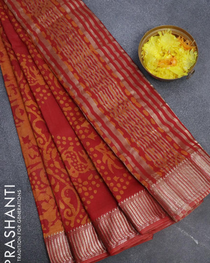 Binny Silk saree red and mustard shade with allover batik prints and zari woven border - {{ collection.title }} by Prashanti Sarees