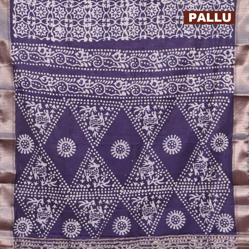 Binny Silk saree dark blue and off white with allover batik prints and zari woven border - {{ collection.title }} by Prashanti Sarees