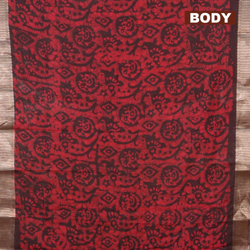 Binny Silk saree deep coffee brown and red with allover batik prints and zari woven border - {{ collection.title }} by Prashanti Sarees