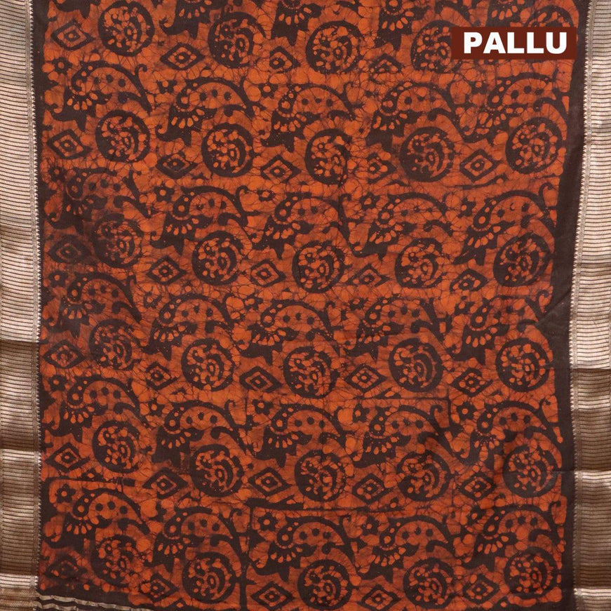Binny Silk saree deep coffee brown and orange with allover batik prints and zari woven border - {{ collection.title }} by Prashanti Sarees